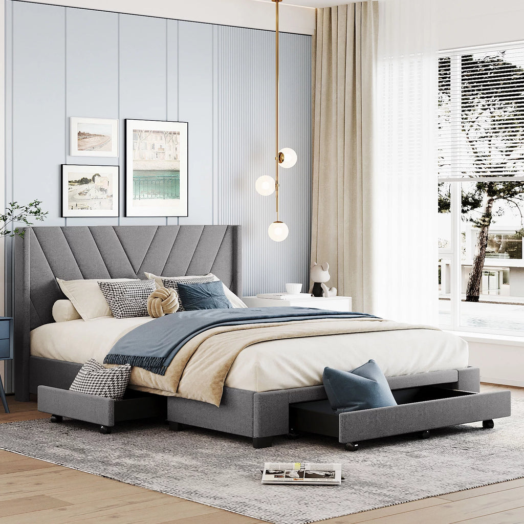 Queen Size Linen Upholstered Platform Bed with 3 Storage Drawers Z66510