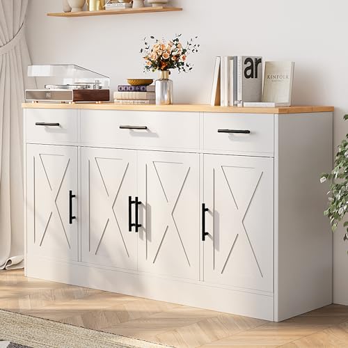 White 53.4" Wood Buffet Cabinet with 3 Drawers and 4 Doors Z246