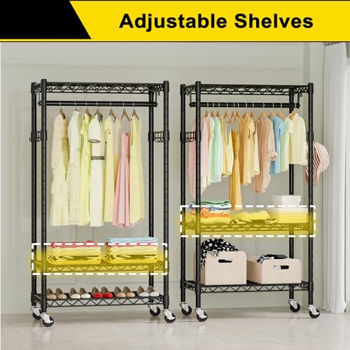 Black Heavy Duty Rolling Garment Rack with Double Rods & Hooks N82819