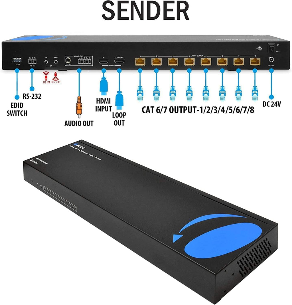 1x8 HDMI Extender Splitter HDBaseT 4K Over Single Cable CAT6/7 with IR Remote Q34547