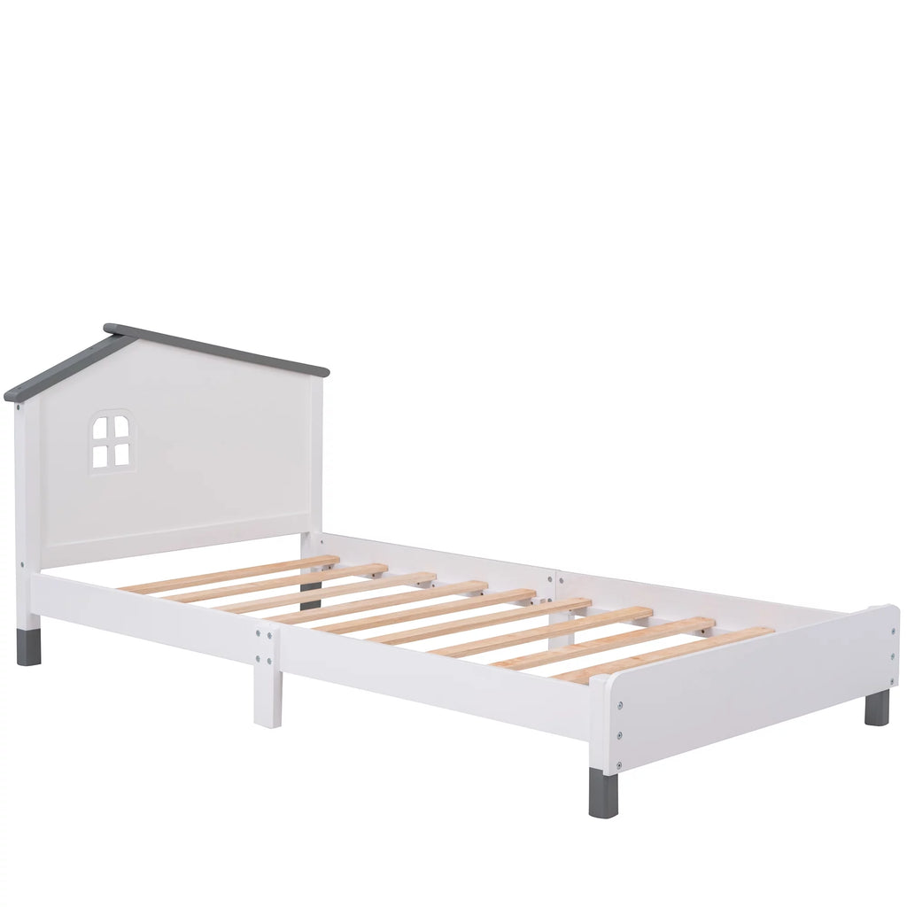 Twin Size Wood Platform Bed with House-Shaped Headboard E181