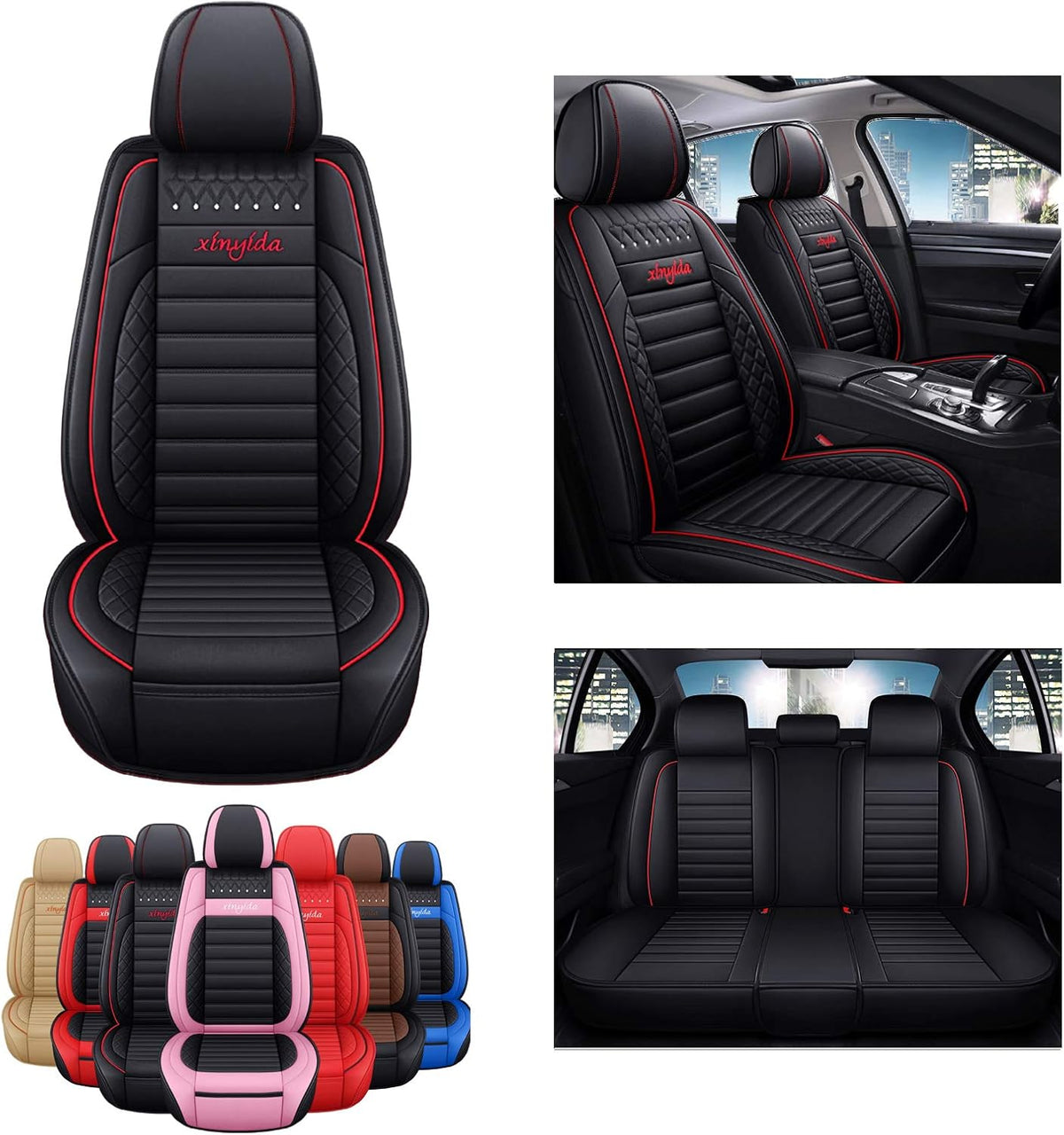 Faux Leather Car Seat Covers Full Set Black Red O38431