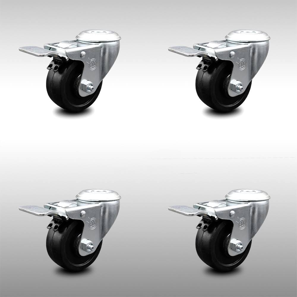 3.5 inch Soft Rubber Swivel Bolt Hole Caster Set with Total Lock Brake X58072