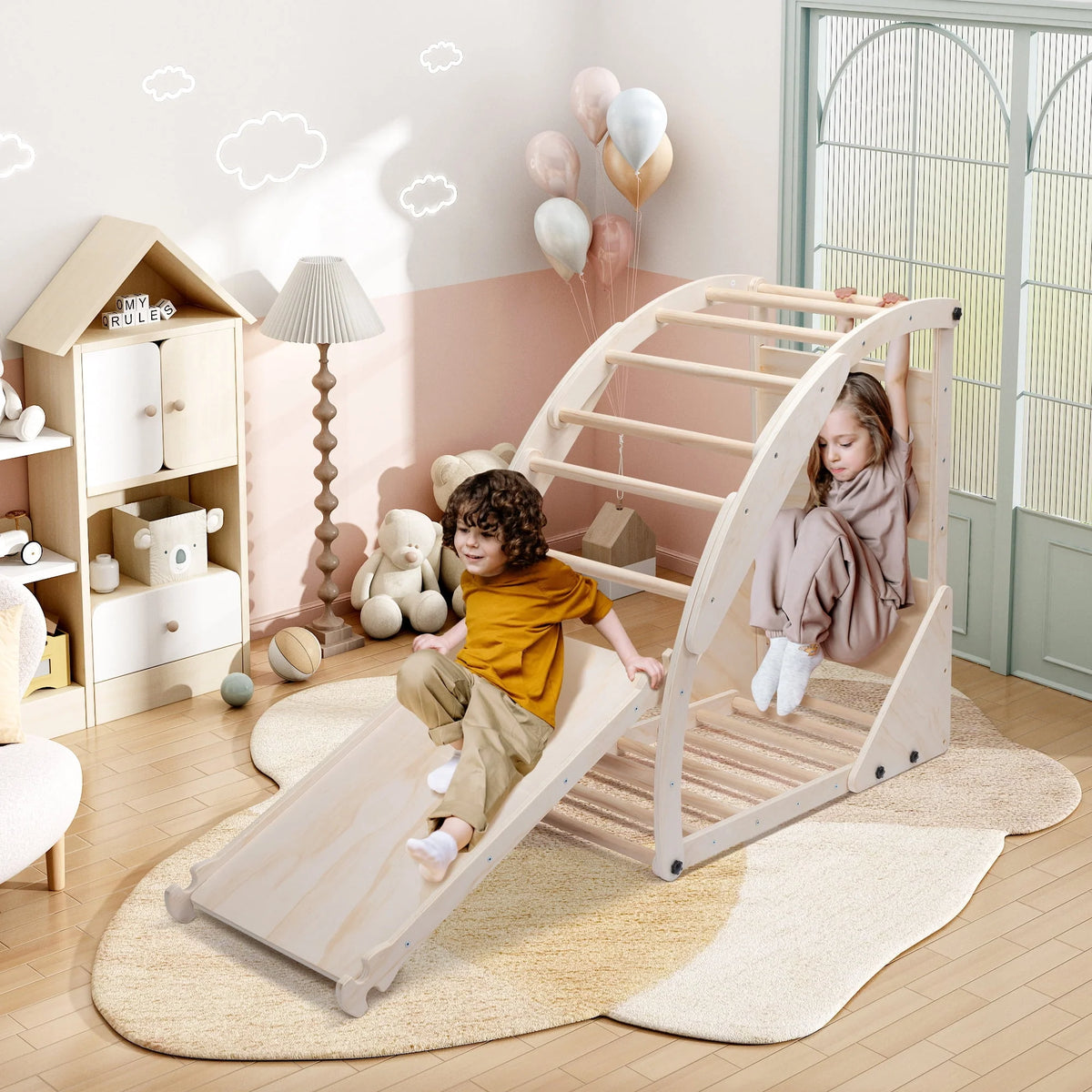 Foldable Wooden Climbing Triangle Ladder with Ramp U4926