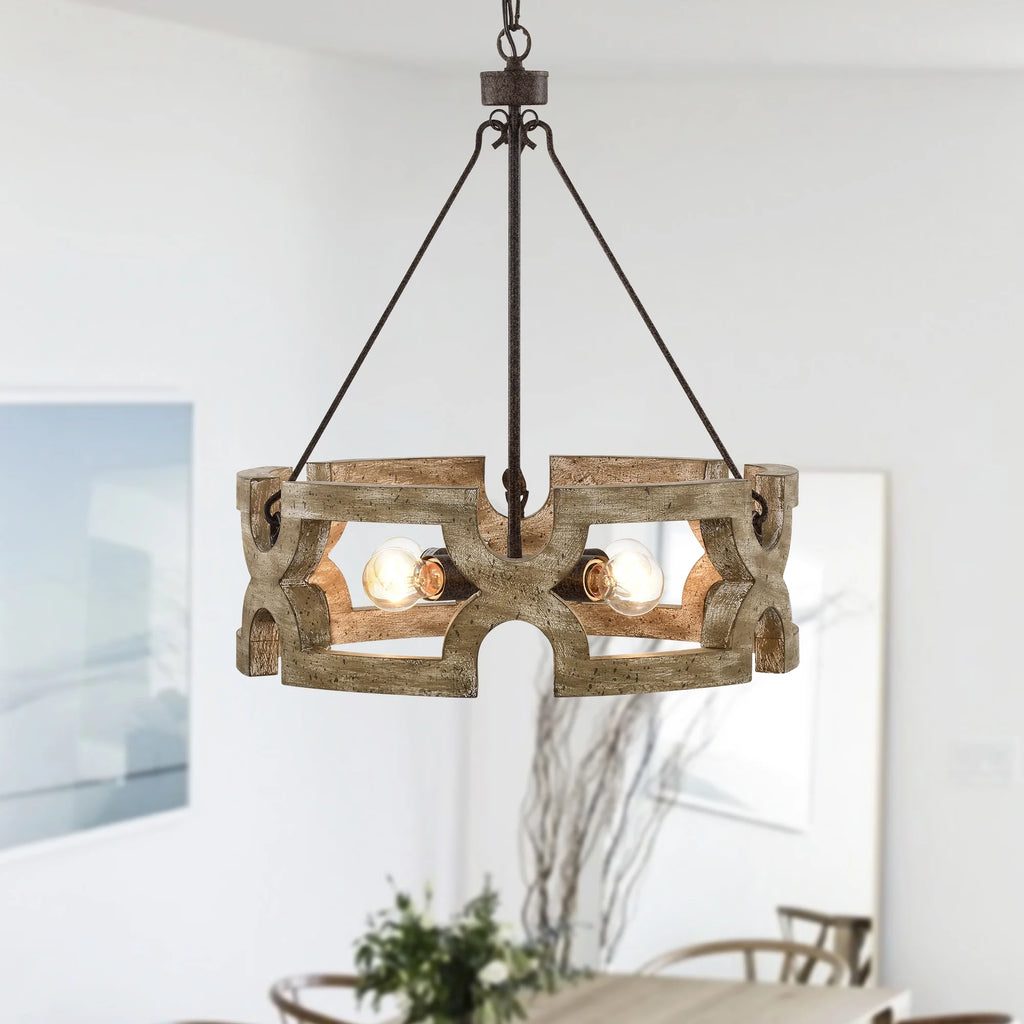 Rustic Farmhouse 4 Light Wood Grain Chandelier Pendant 19 Inch Q3457