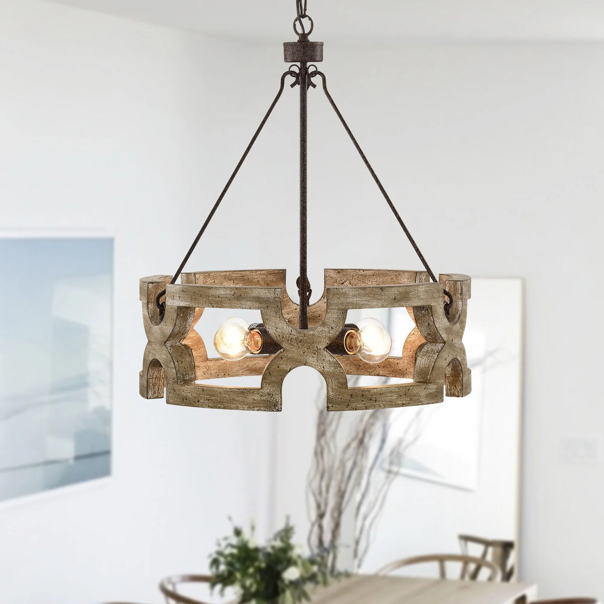 Rustic Farmhouse 4 Light Wood Grain Chandelier Pendant 19 Inch Q3457