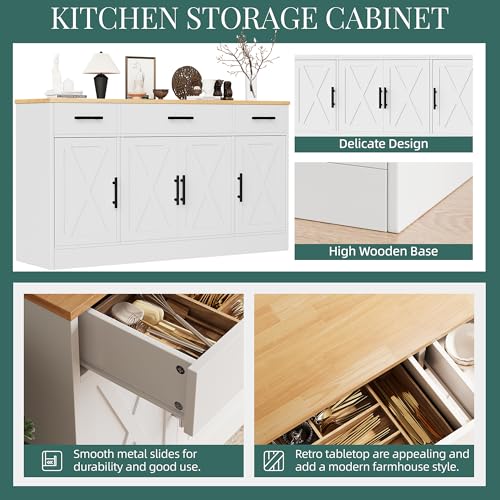 White 53.4" Wood Buffet Cabinet with 3 Drawers and 4 Doors Z246