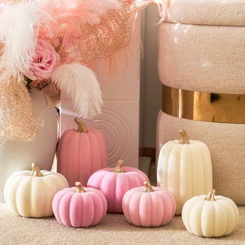 Pink and Beige Flocked Artificial Pumpkins Set 7 PCS P39408