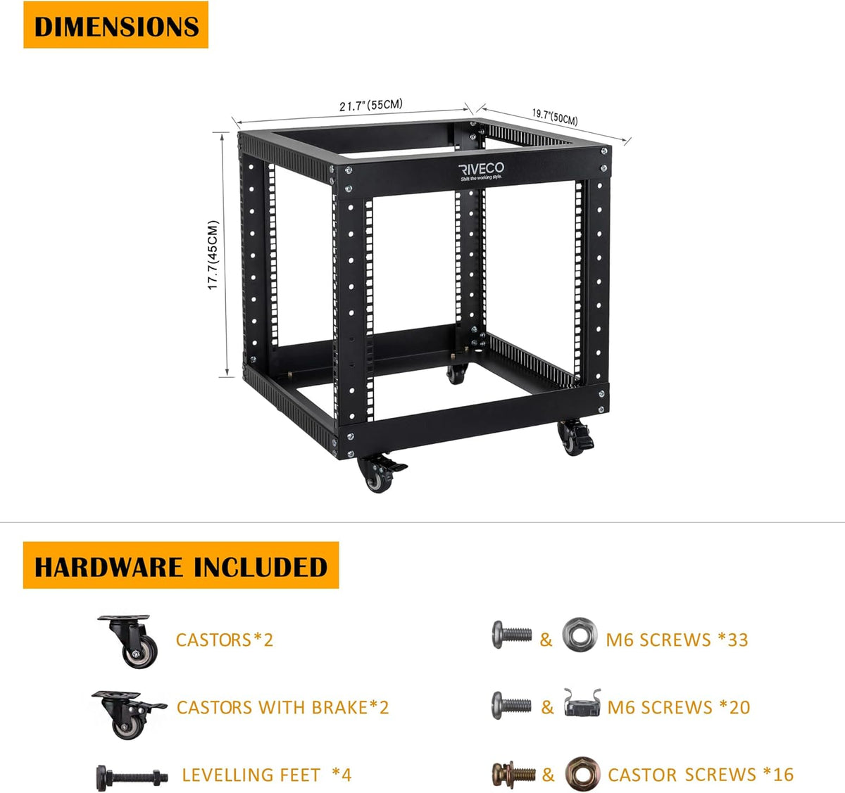 18U 4 Post Open Frame Server Rack with Brake Casters Black I74366