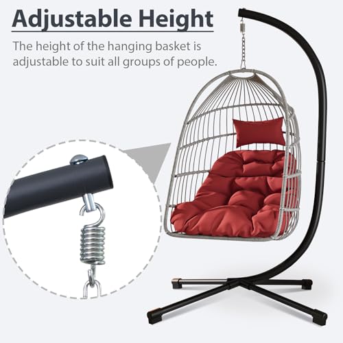 Foldable Hanging Egg Chair with Stand, HDPE Rattan and Aluminum-Steel Frame, 350 Lbs Capacity, Beige V5885