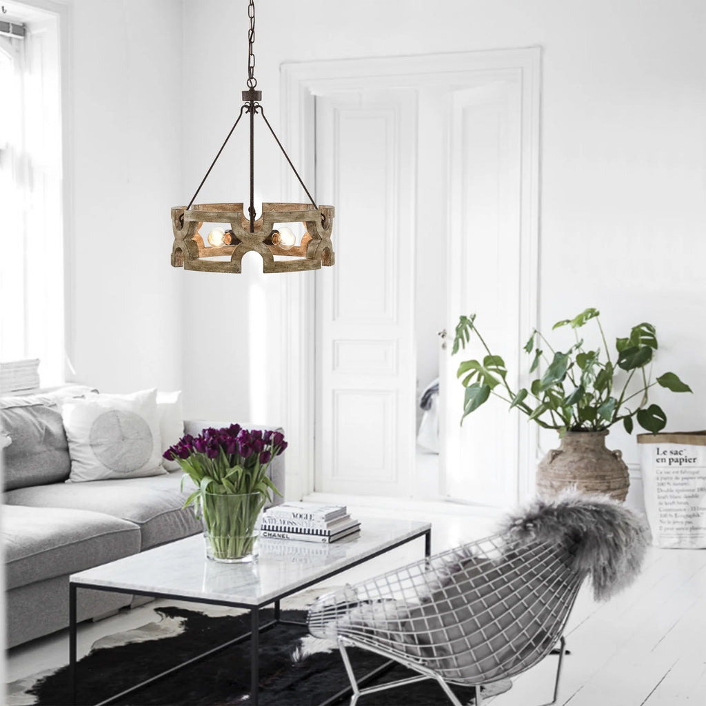Rustic Farmhouse 4 Light Wood Grain Chandelier Pendant 19 Inch Q3457
