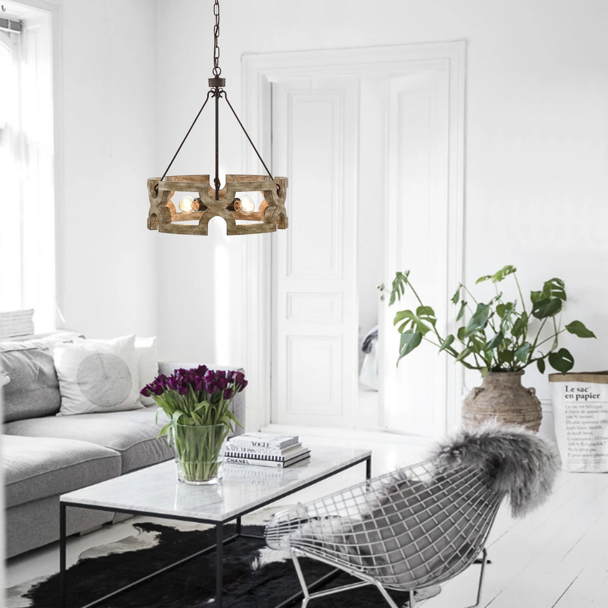 Rustic Farmhouse 4 Light Wood Grain Chandelier Pendant 19 Inch Q3457