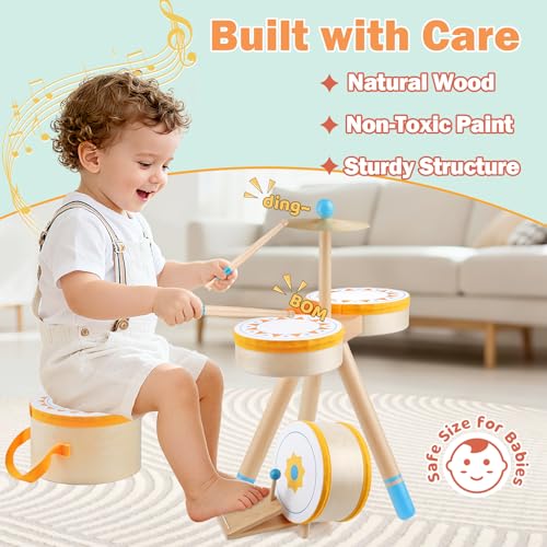 Wooden Kids Drum Kit with Cymbal, Pedal Bass Drum & 2 Drumsticks E691