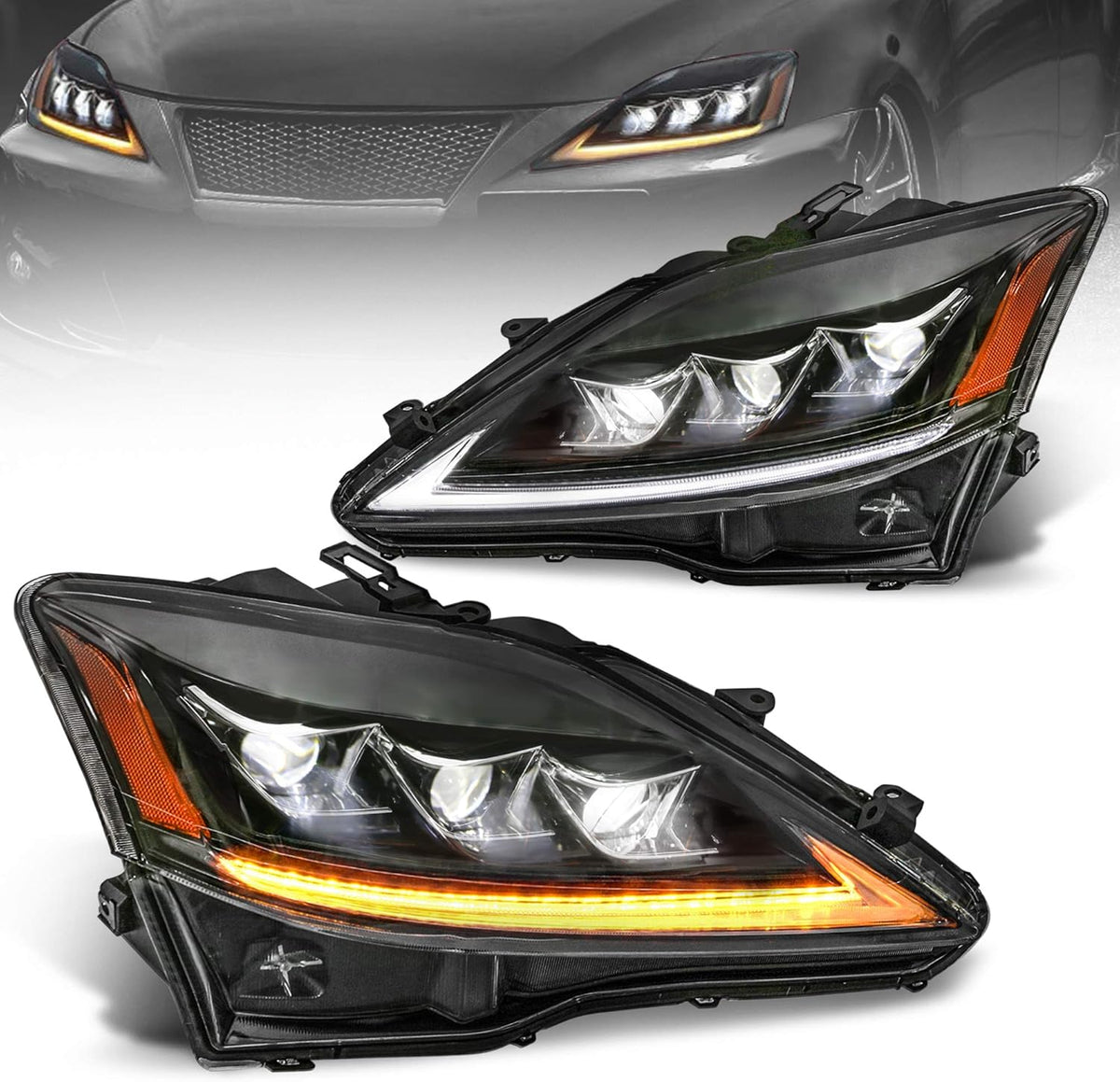 Full LED Projector Headlight with Sequential Turn Light, Amber Reflector (Set of 2) O162