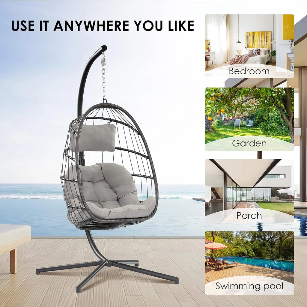 Egg Swing Chair with Bracket Outdoor Rattan Wicker Basket Hammock Chair with Aluminium Steel Frame and UV Cushion N777027