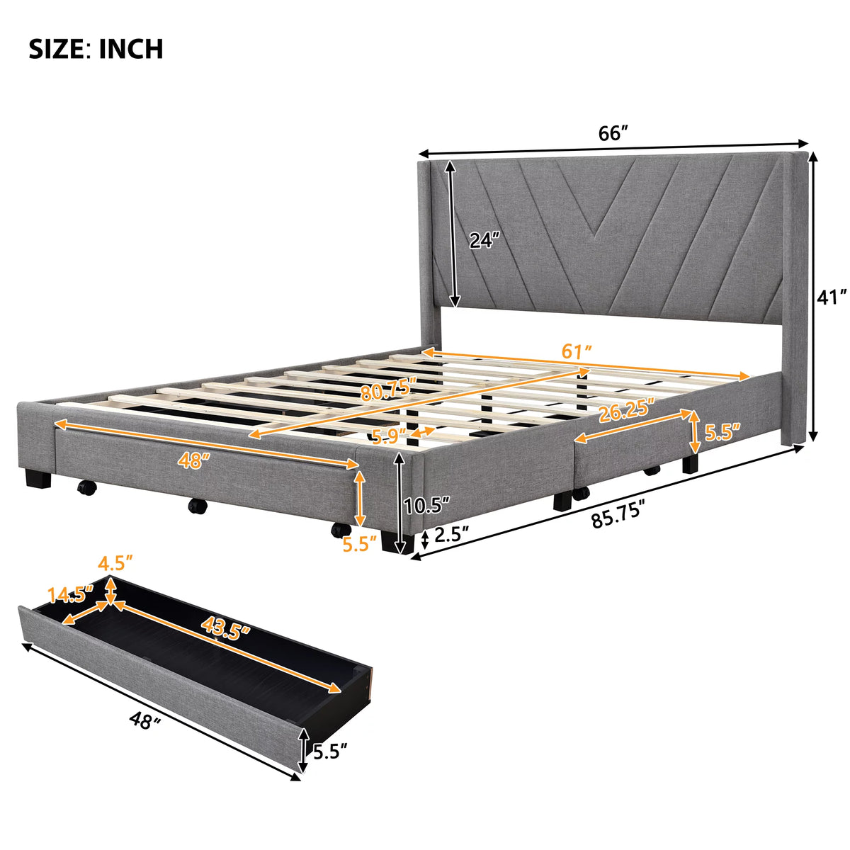 Queen Size Linen Upholstered Platform Bed with 3 Storage Drawers Z66510