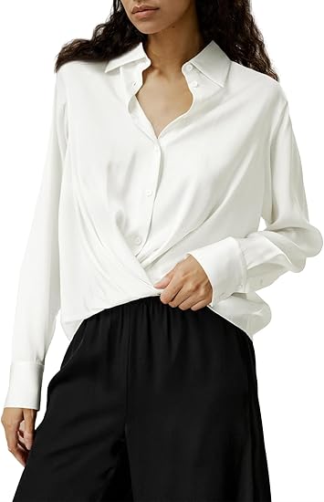 Silk Button Down Shirts Long Sleeve Twist Front Satin Blouse Tops W127753
