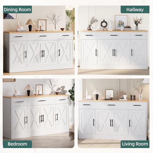 White 53.4" Wood Buffet Cabinet with 3 Drawers and 4 Doors Z246