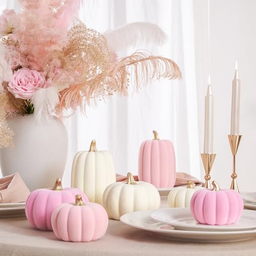 Pink and Beige Flocked Artificial Pumpkins Set 7 PCS P39408