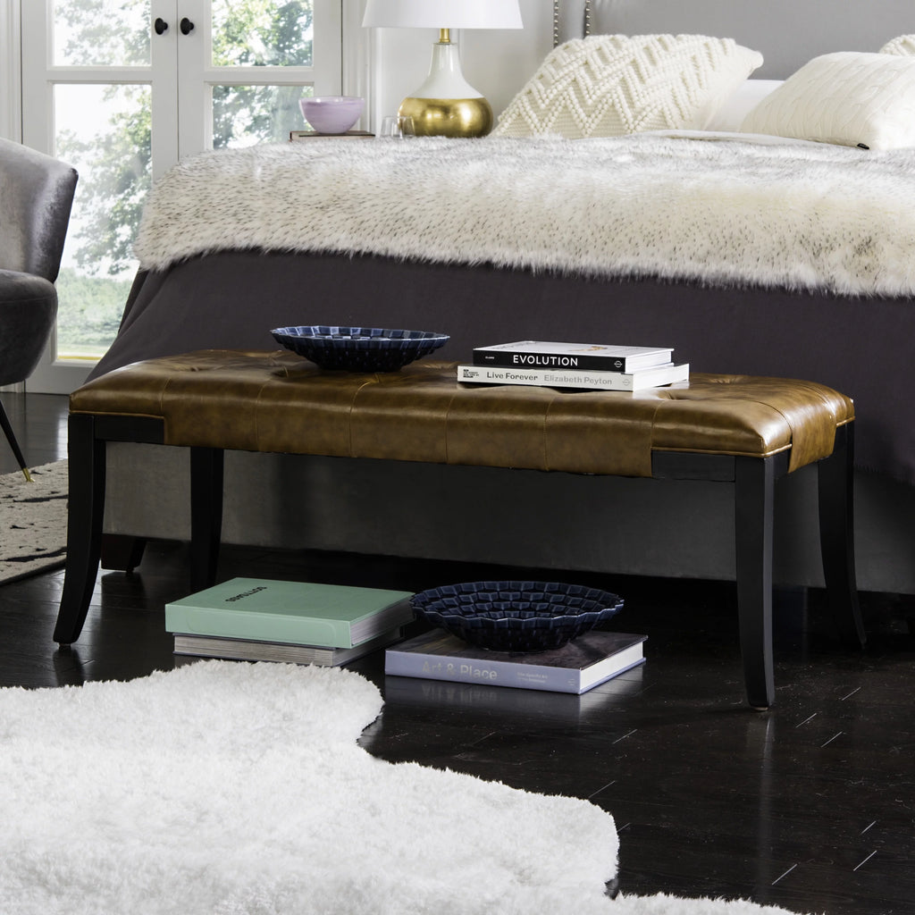 Rustic Curved Leather Tufted Bench K122428