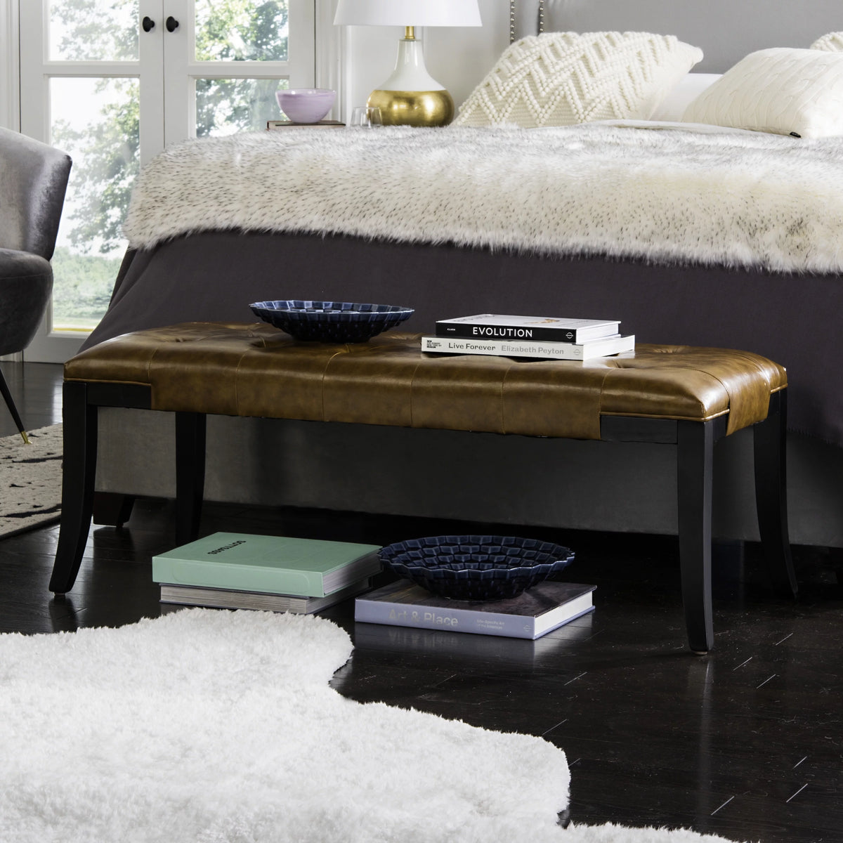 Rustic Curved Leather Tufted Bench K122428