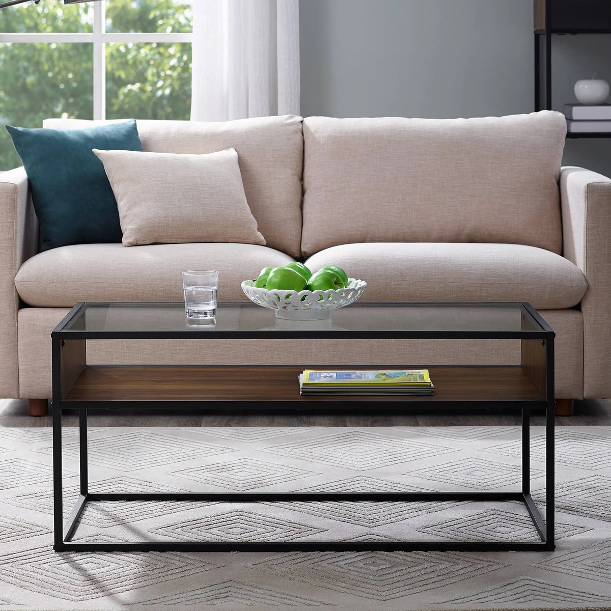 Metal and Glass Coffee Table with Open Shelf Dark Walnut W742
