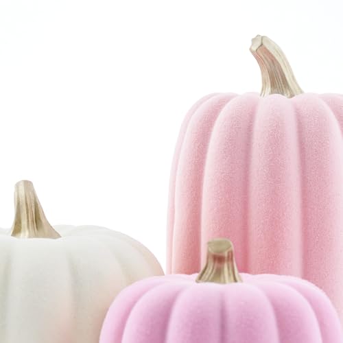 Pink and Beige Flocked Artificial Pumpkins Set 7 PCS P39408