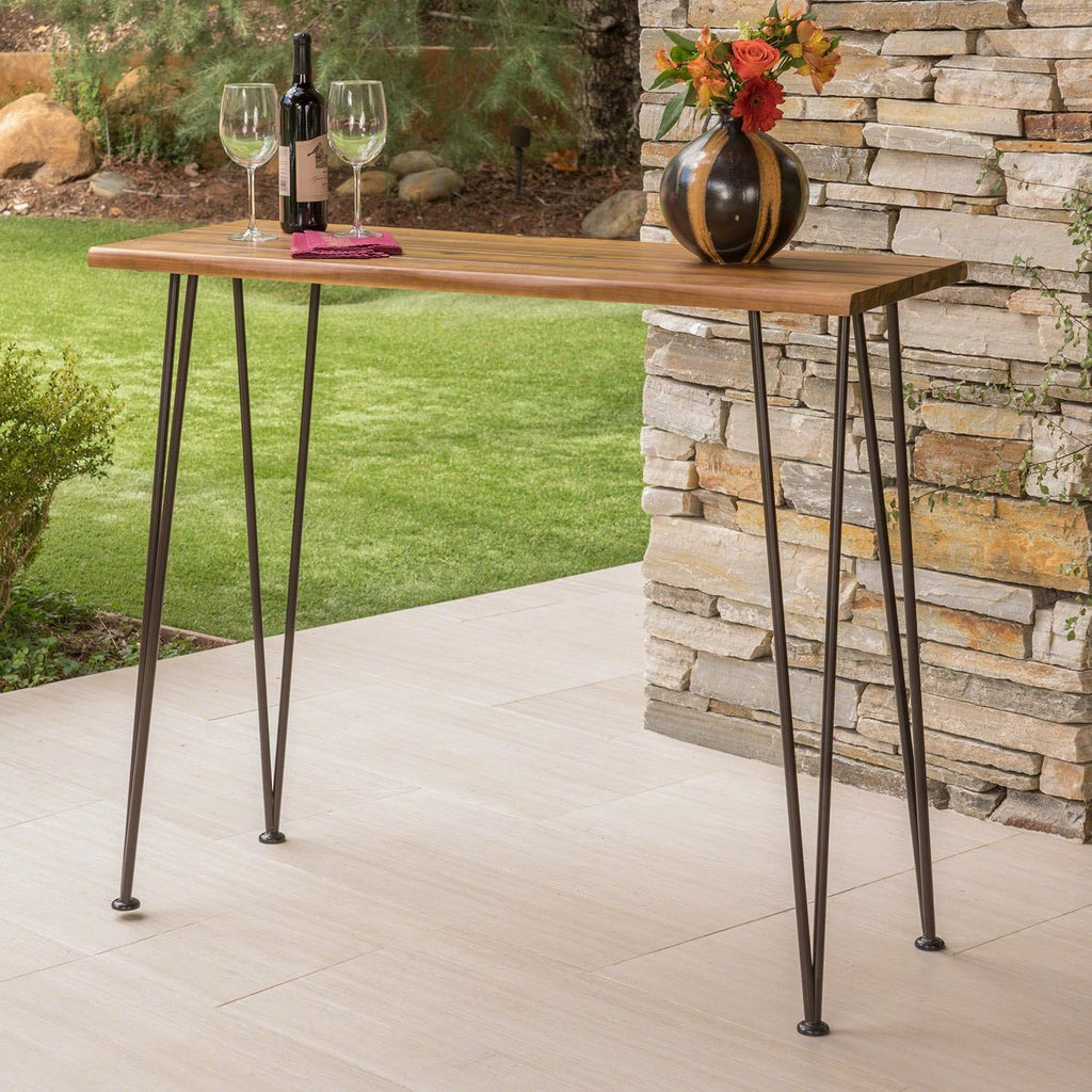 Teak Finish Acacia Wood Bar Table with Iron Frame F32824