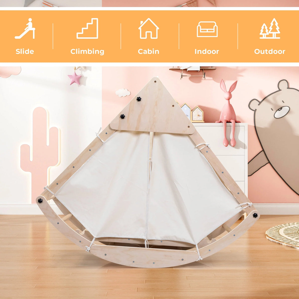 Foldable Wooden Climbing Triangle Ladder with Ramp U4926