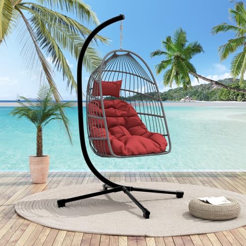 Foldable Hanging Egg Chair with Stand, HDPE Rattan and Aluminum-Steel Frame, 350 Lbs Capacity, Beige V5885