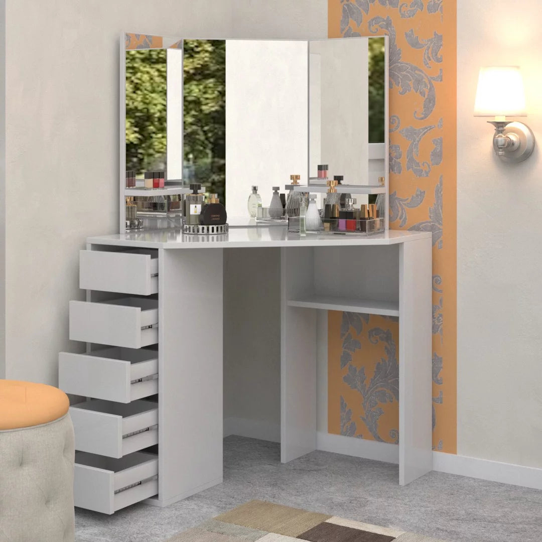 Corner Makeup Vanity Desk with 3 Mirrors and 5 Drawers W419