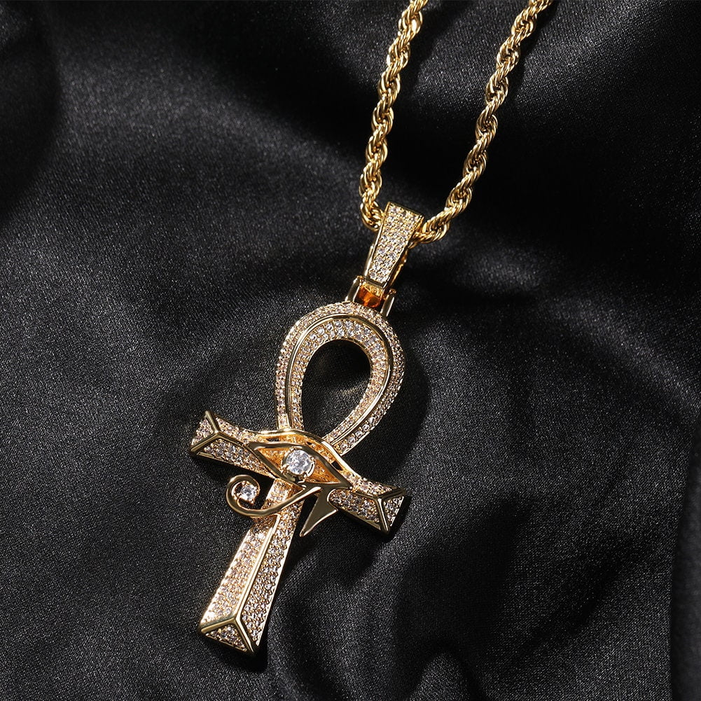 14K Gold Over Finish Simulated Diamond Eye Of Horus Ankh Cross Charm Pendant Necklace G334987