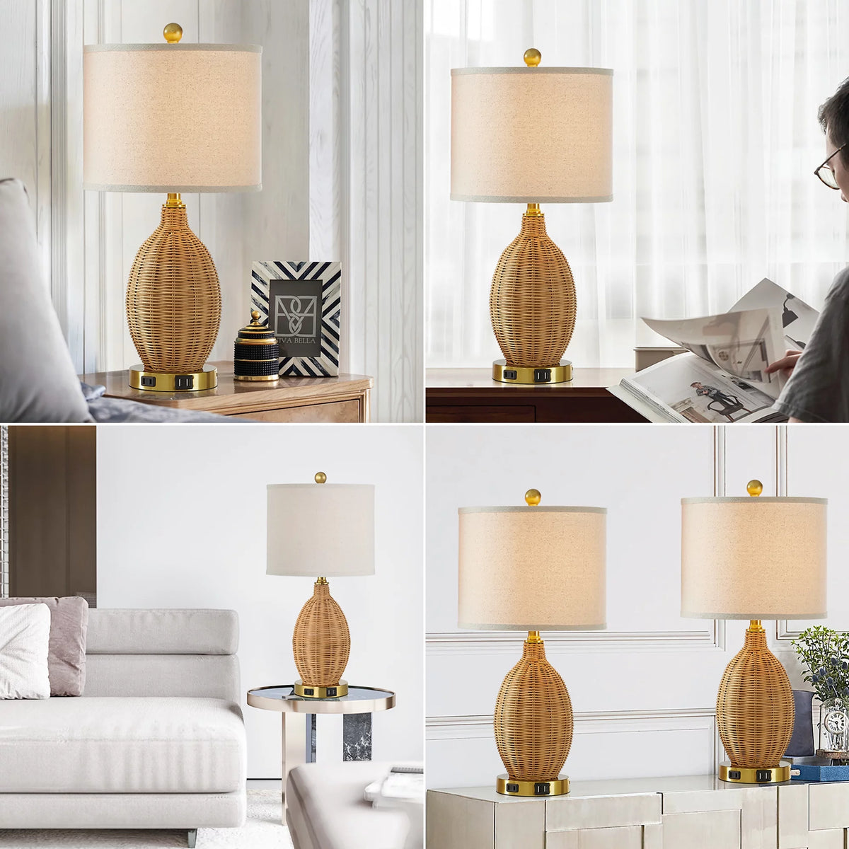 Brown Rattan Table Lamps Set of 2 with USB Port E137