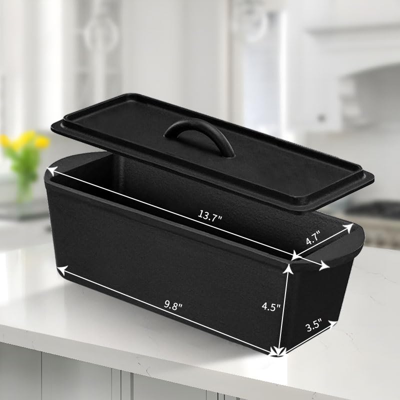 Cast Iron Bread Pan with Lid - 2LB Capacity (13x5 Inch) Large Pullman Loaf Pan - Non-Stick, Pre-Seasoned, Black I72200