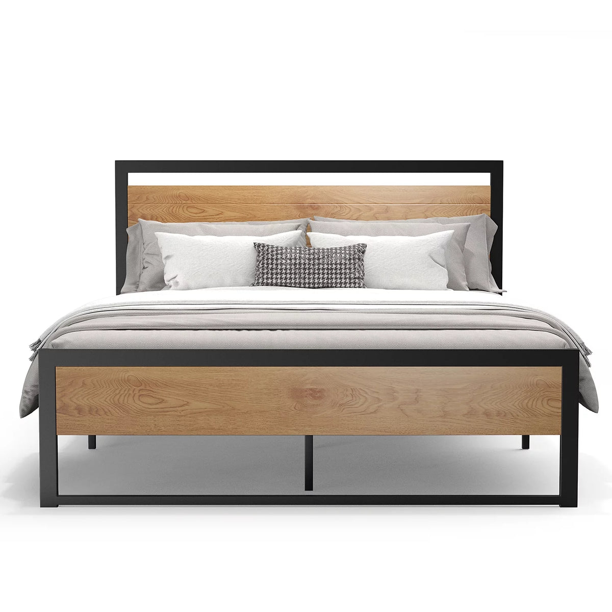 Queen Size Steel Platform Bed Frame with Wood Headboard O579