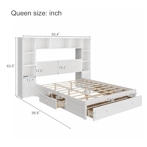 White Full Size Wood Platform Bed with Bookcase Headboard and Drawers F104152