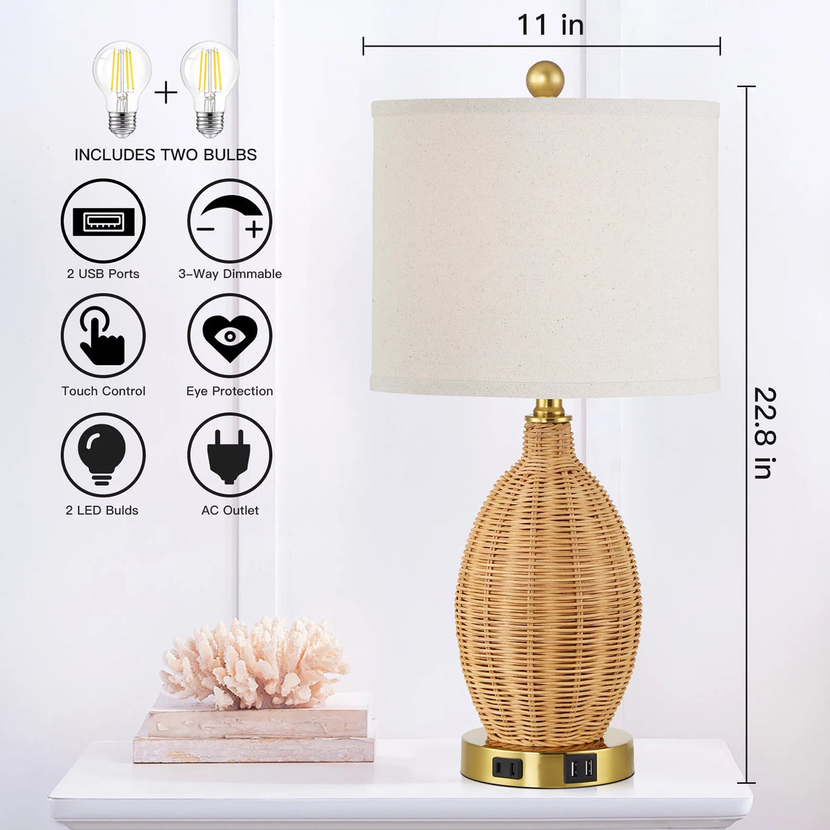 Brown Rattan Table Lamps Set of 2 with USB Port E137