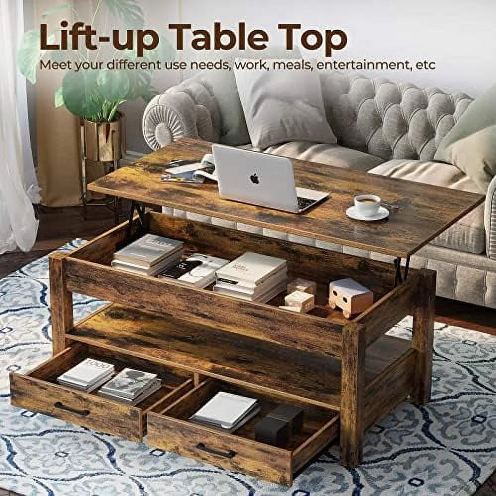Lift Top Coffee Table with Drawers and Hidden Compartment Black R956