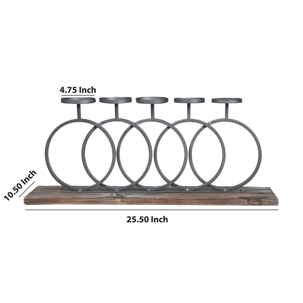 Gray and Brown Wood and Metal Candle Holder with Interlocking 5 Rings A5194