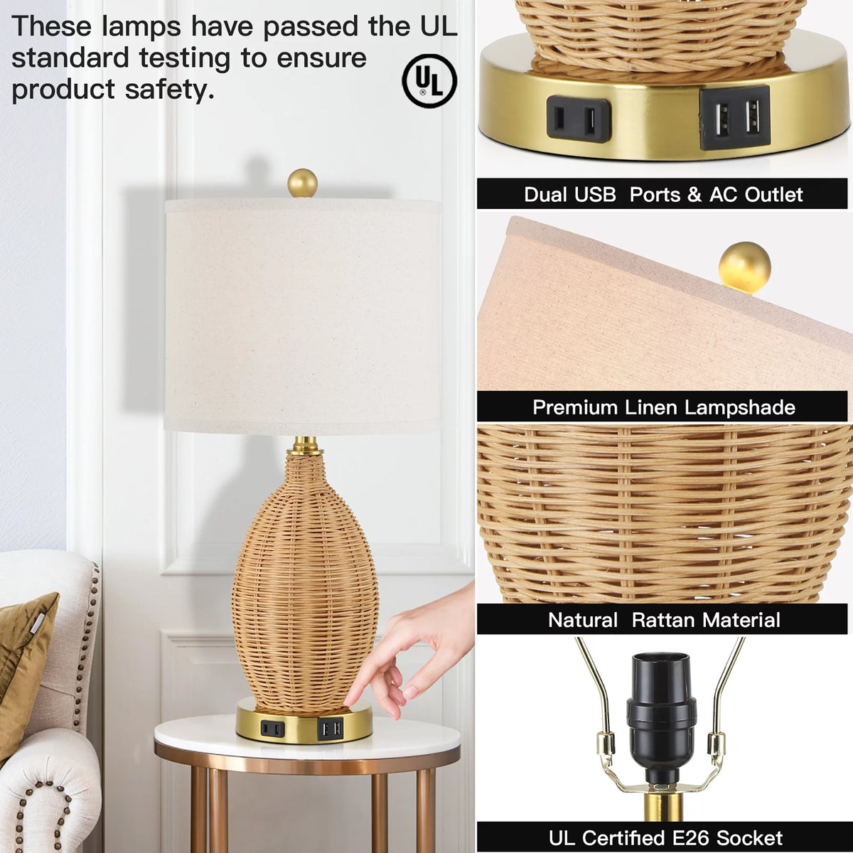 Brown Rattan Table Lamps Set of 2 with USB Port E137