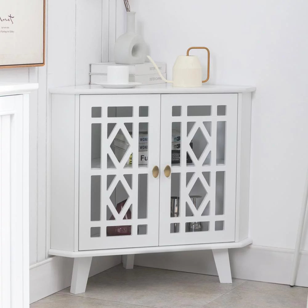 White 32" Corner Storage Cabinet with 2 Doors and 2-Tier Shelves C82366
