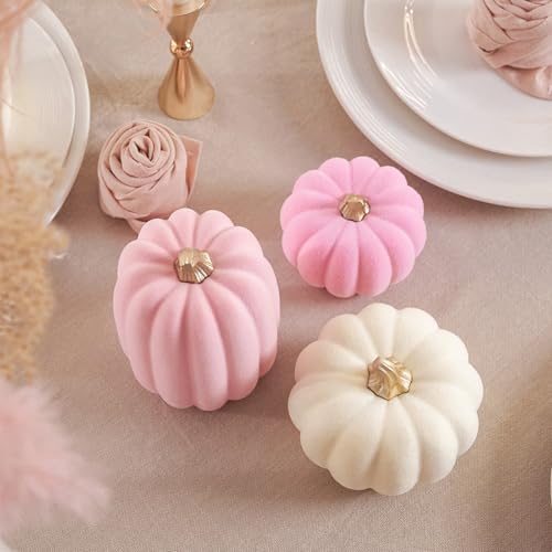 Pink and Beige Flocked Artificial Pumpkins Set 7 PCS P39408