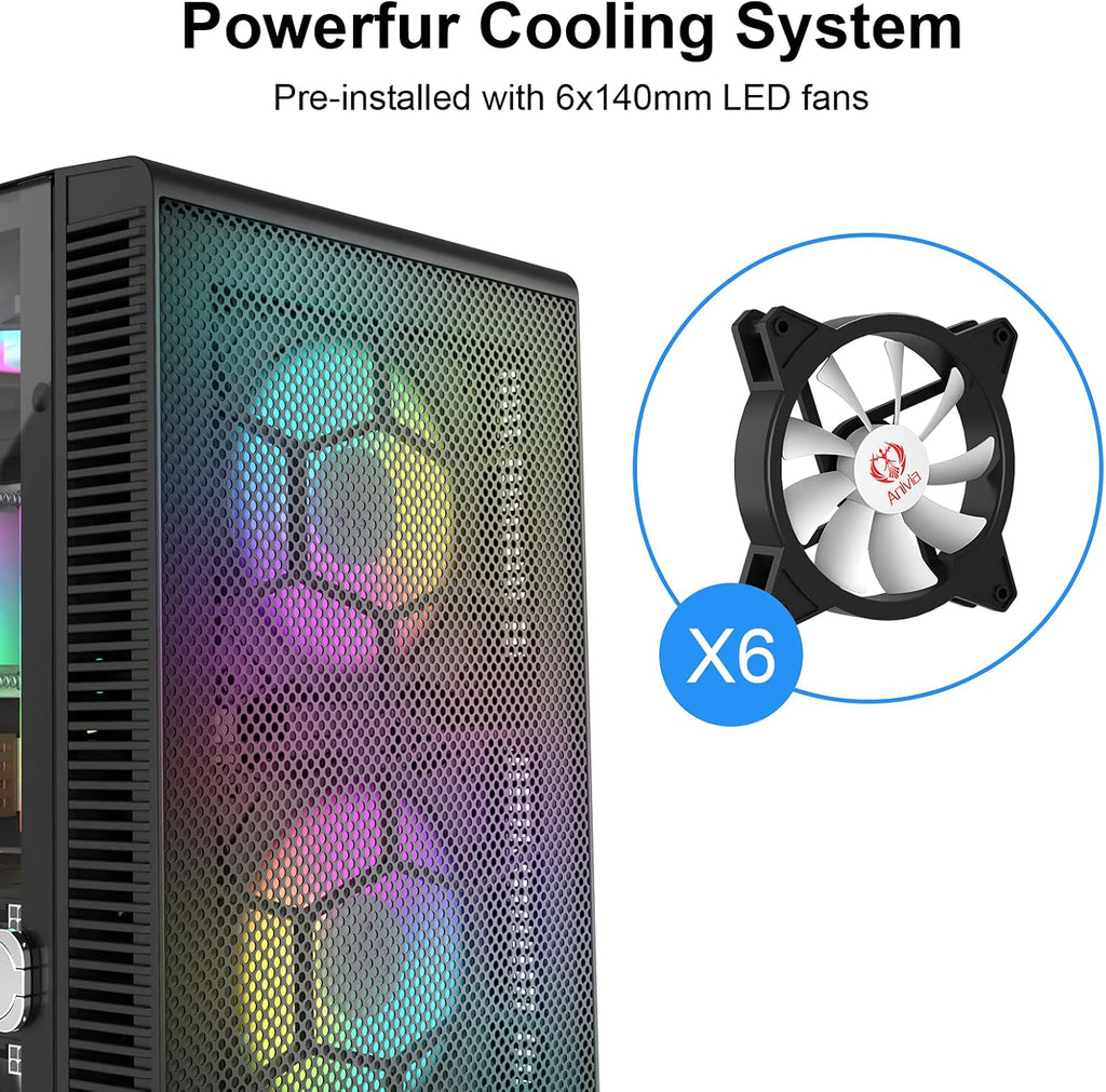 ATX Mid-Tower PC Gaming Case with 6 x 140mm Fans Glass Side Panel Q49077