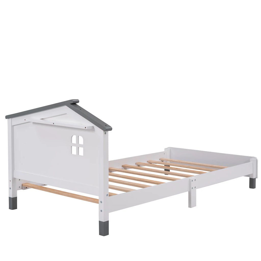 Twin Size Wood Platform Bed with House-Shaped Headboard E181