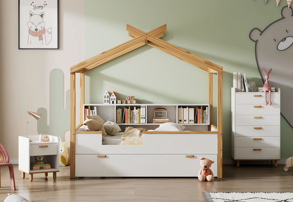 White Full Size Wooden House Bed with Trundle and 6-Drawer Chest P26705