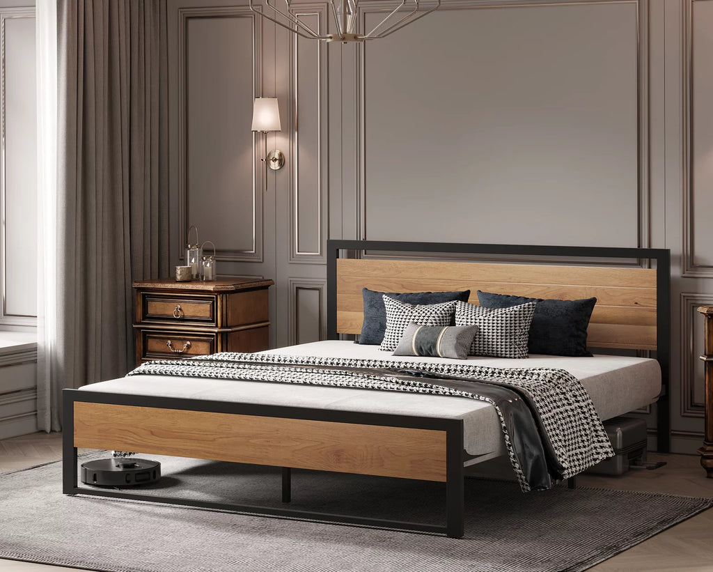 Queen Size Steel Platform Bed Frame with Wood Headboard O579