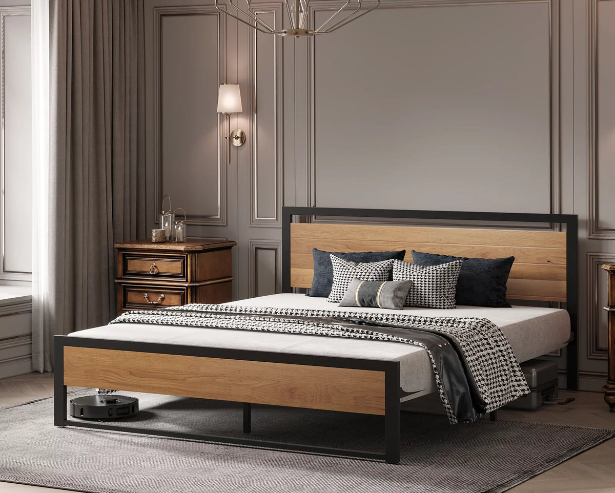 Queen Size Steel Platform Bed Frame with Wood Headboard O579