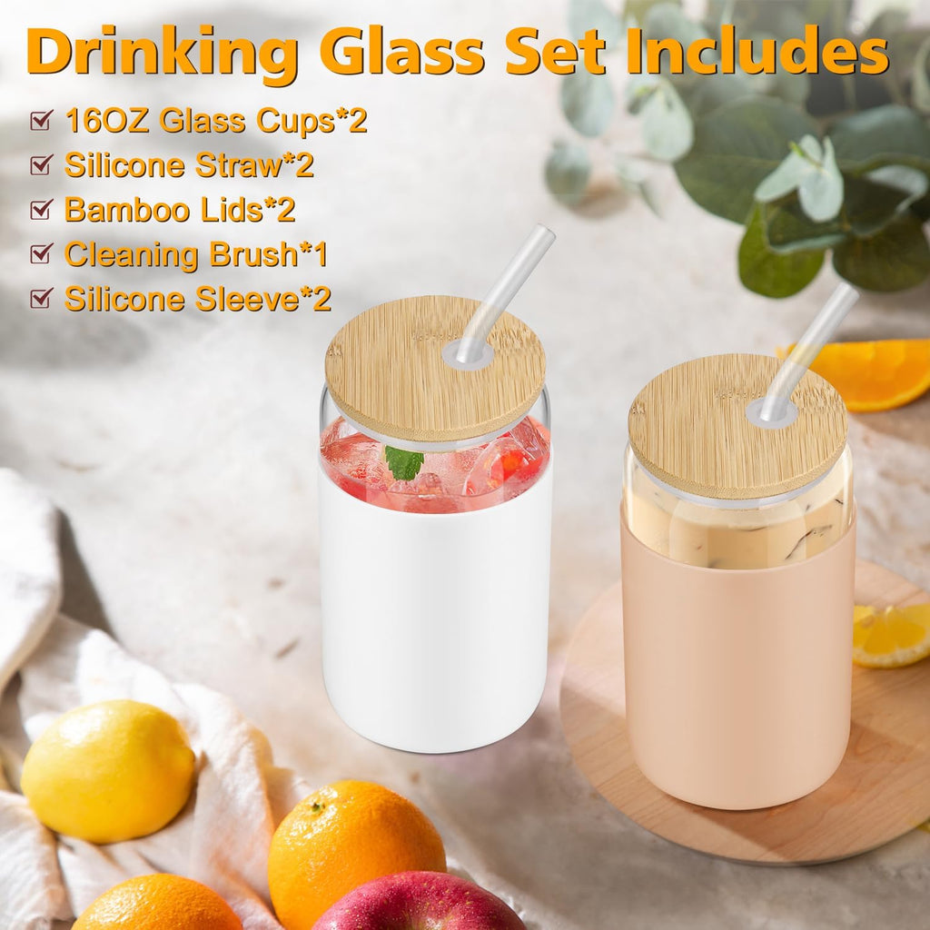 16OZ Glass Cups with Bamboo Lids and Straws 2 Pack C3709