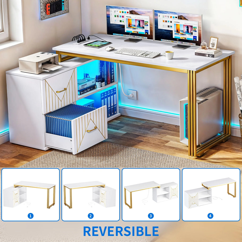 White 55 Inch L Shaped Corner Desk with Drawers and Storage Shelves L8875