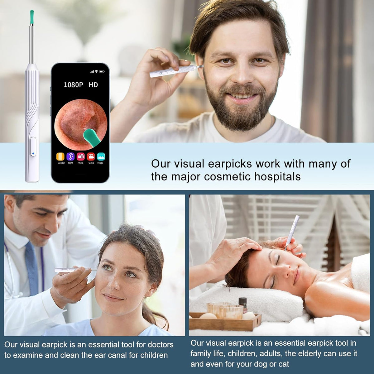 Ear Wax Removal Tool Camera with 8 Pcs Ear Set, 1080P HD Otoscope Camera and 6 LED Lights L395